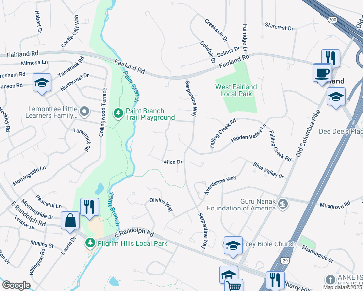 map of restaurants, bars, coffee shops, grocery stores, and more near 2011 Hidden Valley Lane in Silver Spring