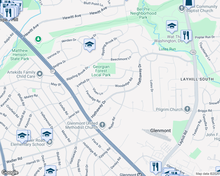 map of restaurants, bars, coffee shops, grocery stores, and more near 2800 Vixen Lane in Silver Spring