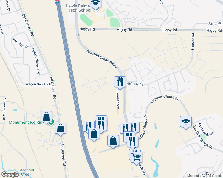 map of restaurants, bars, coffee shops, grocery stores, and more near 16601 Jackson Creek Parkway in Monument