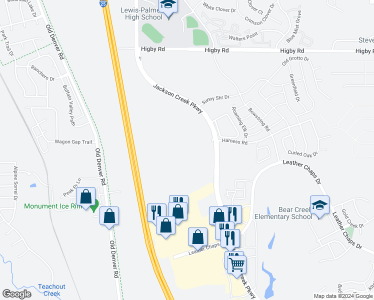 map of restaurants, bars, coffee shops, grocery stores, and more near 16601 Jackson Creek Parkway in Monument