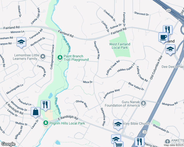 map of restaurants, bars, coffee shops, grocery stores, and more near 2011 Hidden Valley Lane in Silver Spring