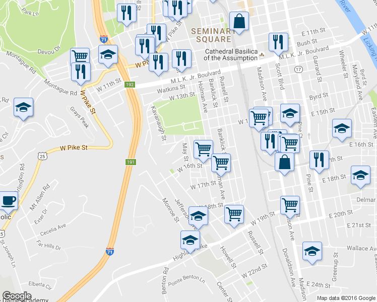 map of restaurants, bars, coffee shops, grocery stores, and more near 1523 Saint Clair Street in Covington
