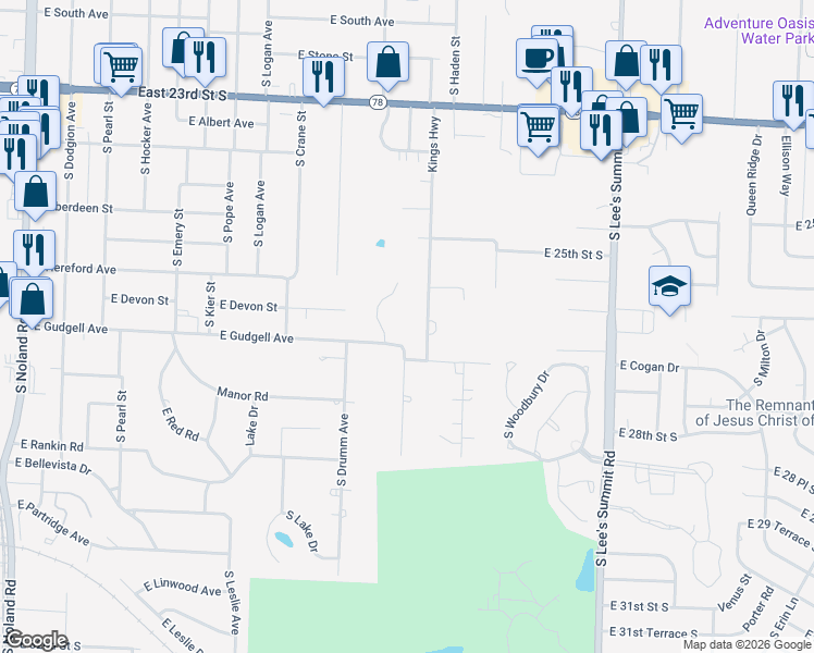 map of restaurants, bars, coffee shops, grocery stores, and more near 1605 South Pollard Avenue in Independence