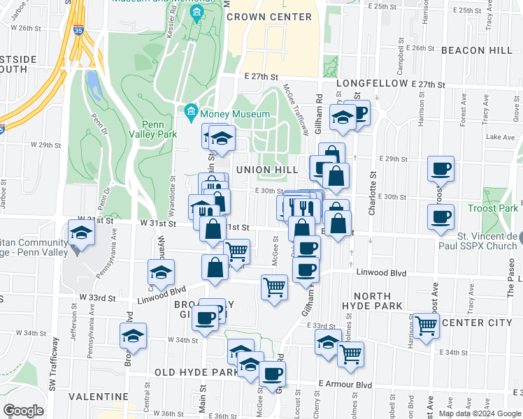 map of restaurants, bars, coffee shops, grocery stores, and more near 3019 Grand Avenue in Kansas City