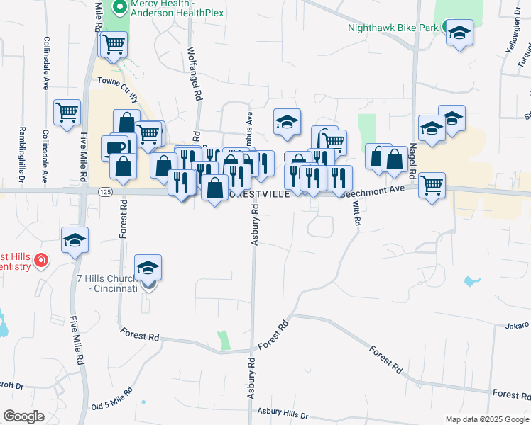 map of restaurants, bars, coffee shops, grocery stores, and more near 1166 Asbury Road in Cincinnati