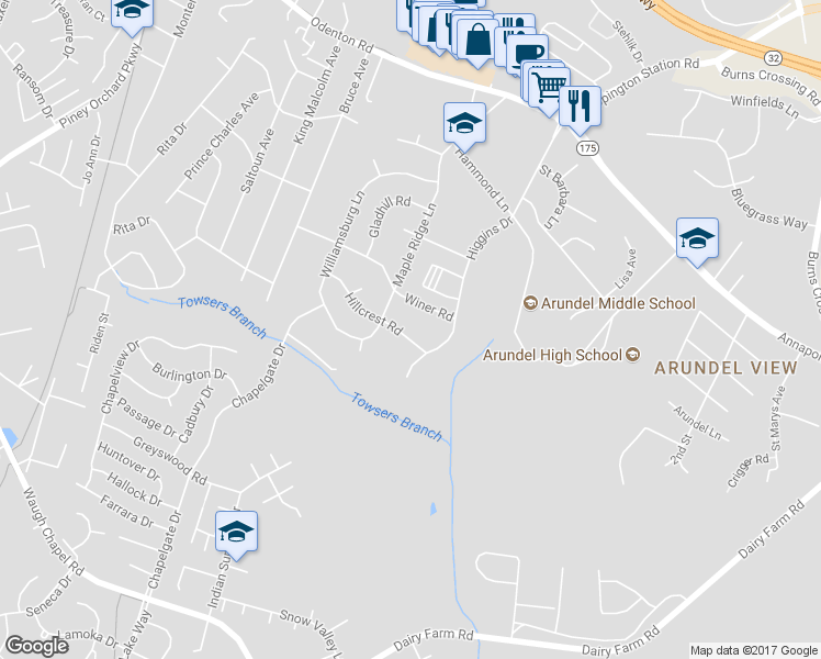 map of restaurants, bars, coffee shops, grocery stores, and more near 1196 Hillcrest Road in Odenton