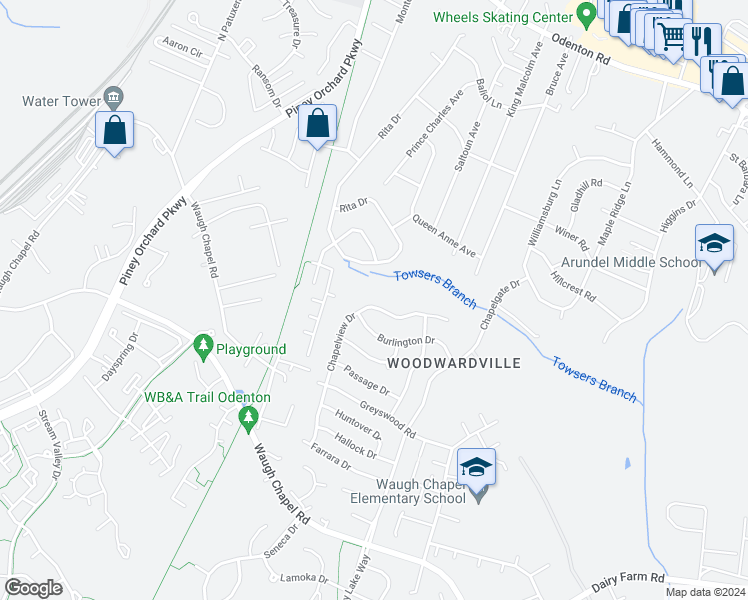 map of restaurants, bars, coffee shops, grocery stores, and more near 1345 Chapelview Drive in Odenton