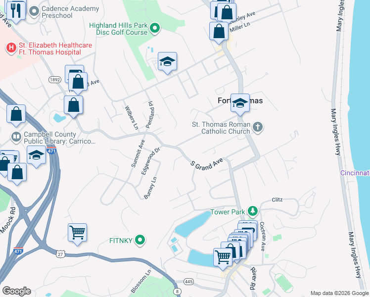 map of restaurants, bars, coffee shops, grocery stores, and more near 162 Tremont Avenue in Fort Thomas