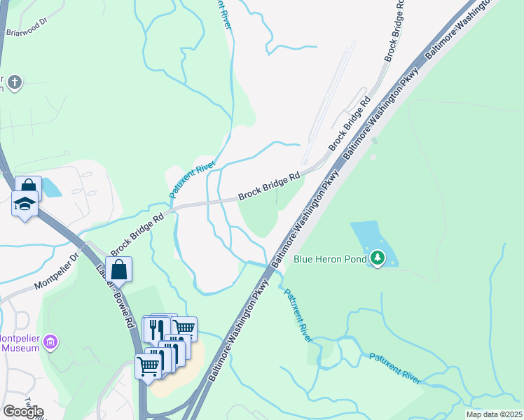 map of restaurants, bars, coffee shops, grocery stores, and more near 565 Brock Bridge Road in Laurel