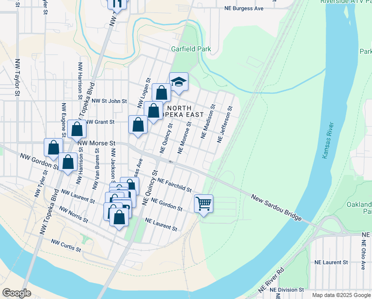 map of restaurants, bars, coffee shops, grocery stores, and more near 1238 Northeast Monroe Street in Topeka