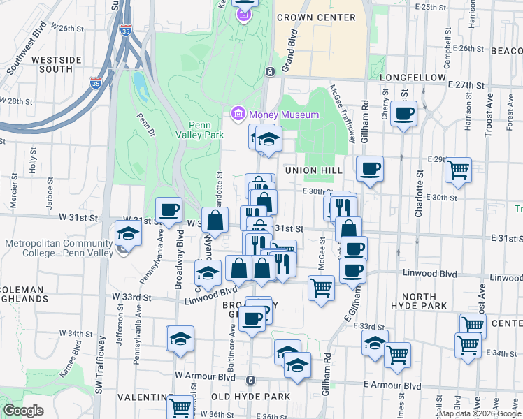 map of restaurants, bars, coffee shops, grocery stores, and more near 3023 Main Street in Kansas City