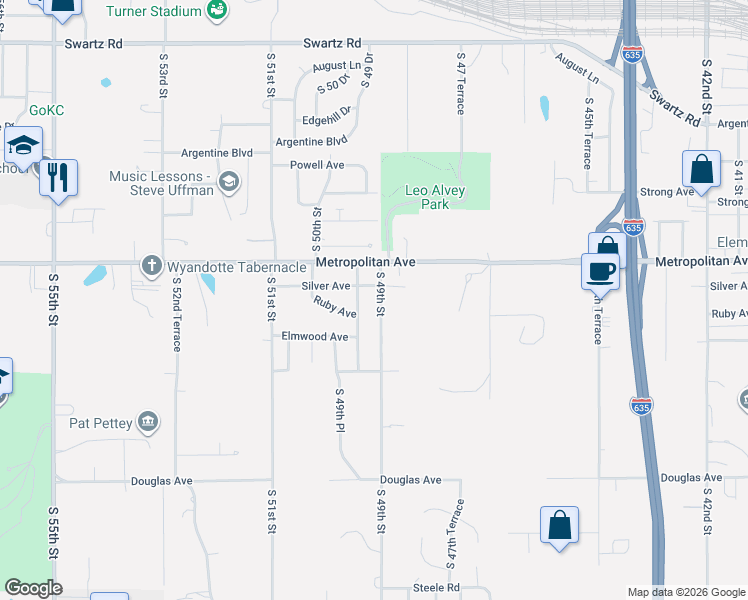 map of restaurants, bars, coffee shops, grocery stores, and more near 1529 South 49 Terrace in Kansas City
