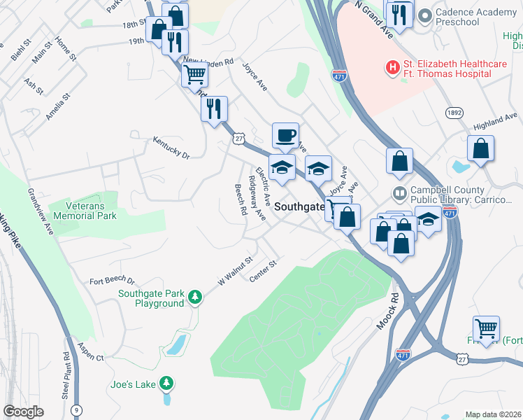 map of restaurants, bars, coffee shops, grocery stores, and more near 228 Ridgeway Avenue in Southgate