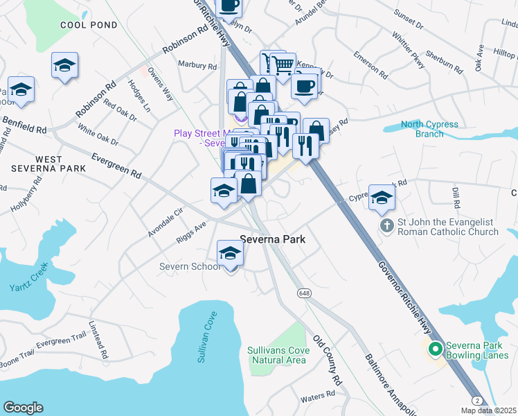 map of restaurants, bars, coffee shops, grocery stores, and more near 605 Baltimore Annapolis Boulevard in Severna Park