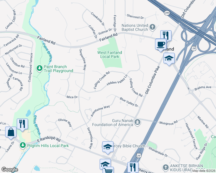 map of restaurants, bars, coffee shops, grocery stores, and more near 2201 Hidden Valley Lane in Silver Spring