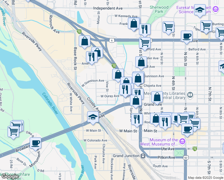 map of restaurants, bars, coffee shops, grocery stores, and more near 445 West Gunnison Avenue in Grand Junction