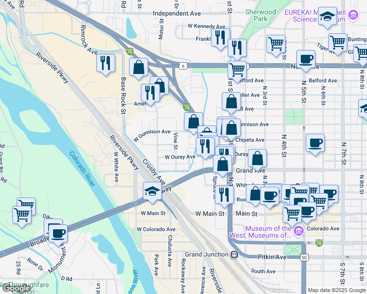 map of restaurants, bars, coffee shops, grocery stores, and more near 445 West Gunnison Avenue in Grand Junction