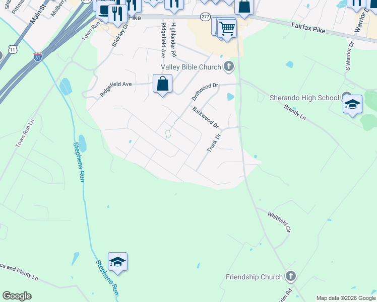 map of restaurants, bars, coffee shops, grocery stores, and more near 159 Dollie Mae Lane in Stephens City