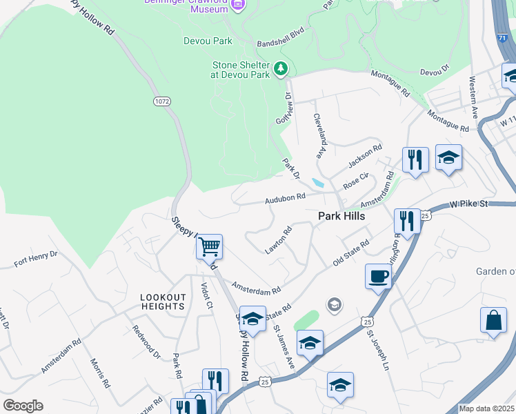 map of restaurants, bars, coffee shops, grocery stores, and more near 1203 Audubon Road in Park Hills