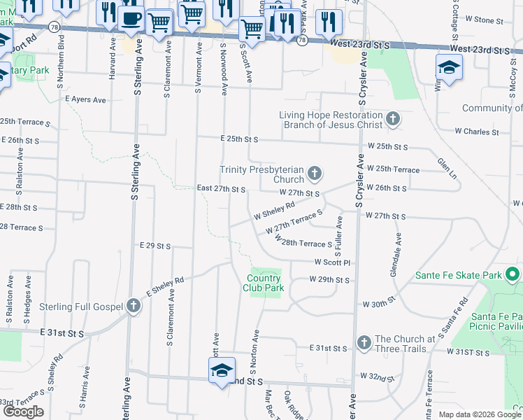 map of restaurants, bars, coffee shops, grocery stores, and more near 1522 West Sheley Road in Independence