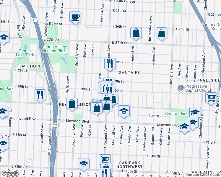 map of restaurants, bars, coffee shops, grocery stores, and more near 2608 East 30th Street in Kansas City