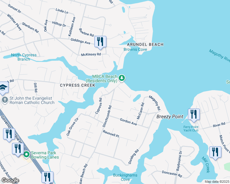 map of restaurants, bars, coffee shops, grocery stores, and more near 729 Stinchcomb Road in Severna Park