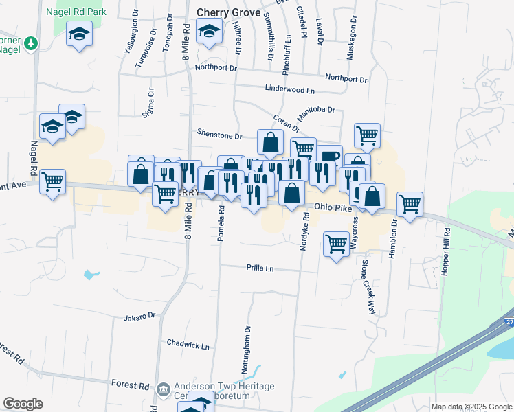 map of restaurants, bars, coffee shops, grocery stores, and more near 8517 Ohio 125 in Cincinnati