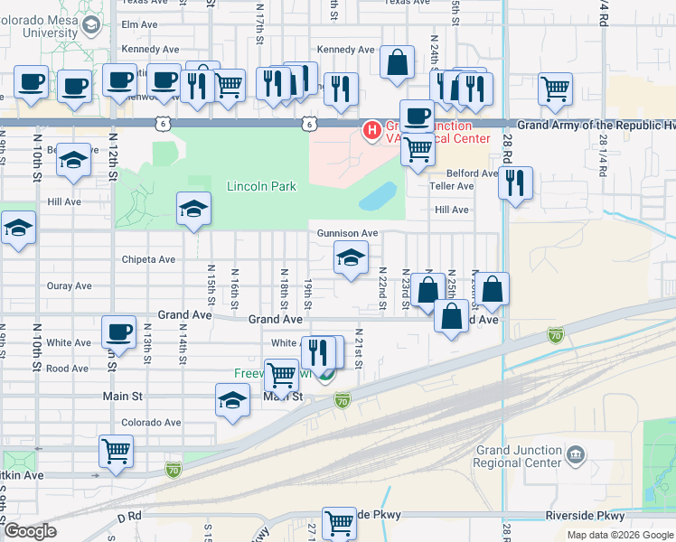 map of restaurants, bars, coffee shops, grocery stores, and more near 2020 Ouray Avenue in Grand Junction