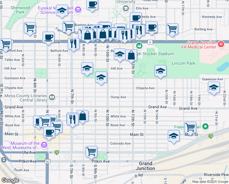 map of restaurants, bars, coffee shops, grocery stores, and more near 1039 Chipeta Avenue in Grand Junction