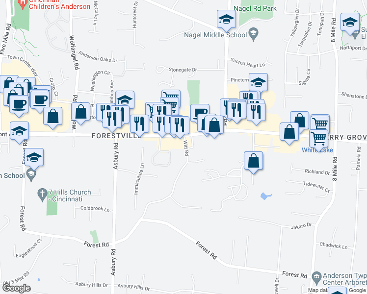 map of restaurants, bars, coffee shops, grocery stores, and more near 1777 Witt Road in Cincinnati