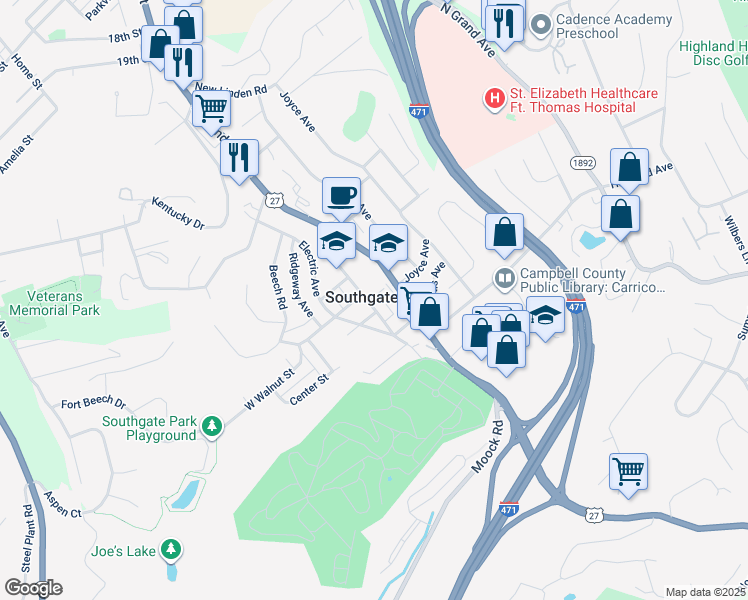 map of restaurants, bars, coffee shops, grocery stores, and more near in Southgate