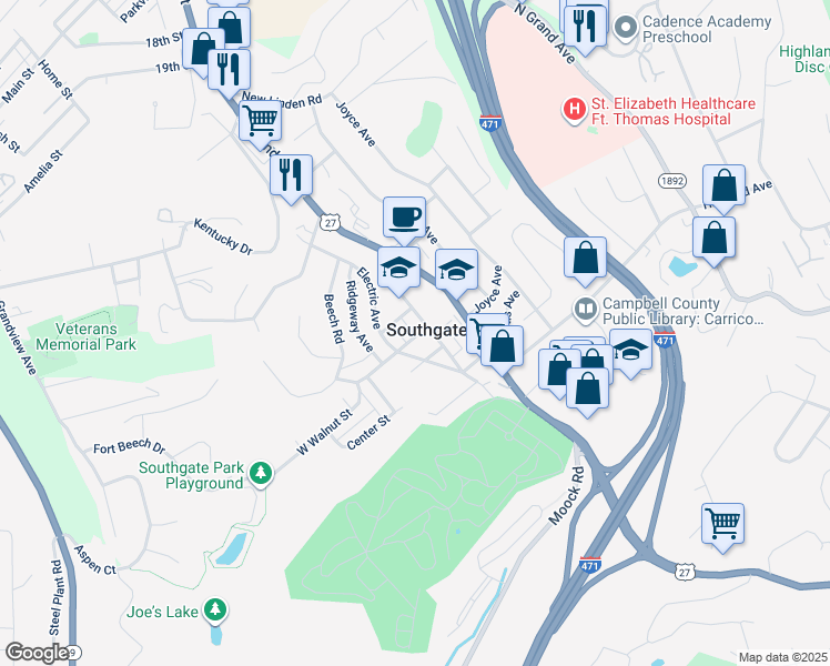 map of restaurants, bars, coffee shops, grocery stores, and more near in Southgate
