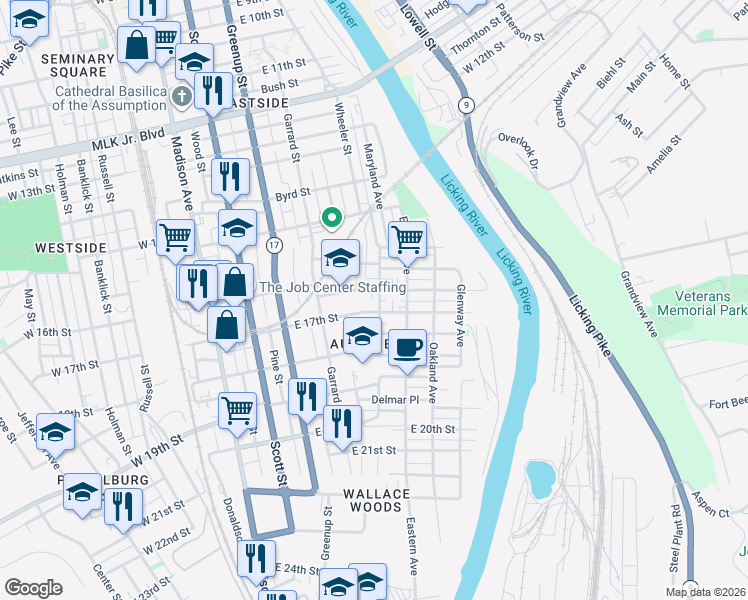 map of restaurants, bars, coffee shops, grocery stores, and more near 405 East 16th Street in Covington