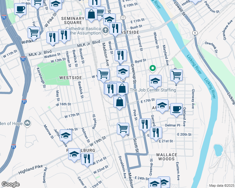 map of restaurants, bars, coffee shops, grocery stores, and more near 1558 Madison Avenue in Covington