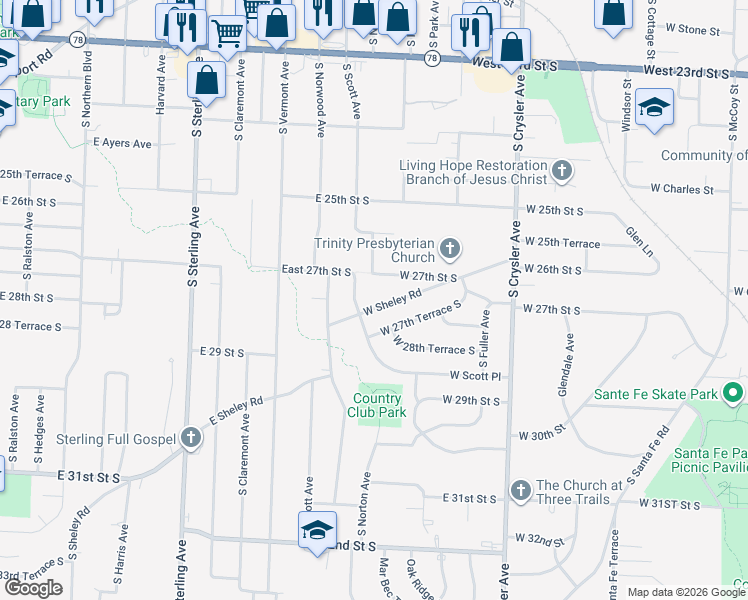 map of restaurants, bars, coffee shops, grocery stores, and more near 1522 West Sheley Road in Independence