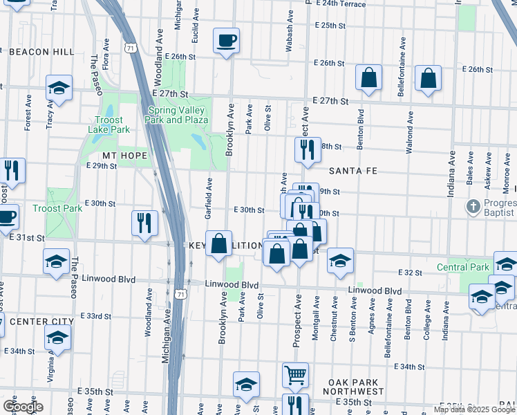 map of restaurants, bars, coffee shops, grocery stores, and more near 2936 Olive Street in Kansas City