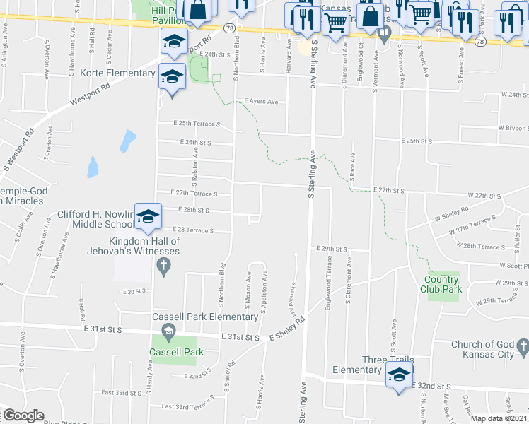 map of restaurants, bars, coffee shops, grocery stores, and more near 2731 Appleton Avenue in Independence