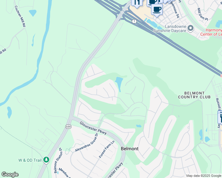 map of restaurants, bars, coffee shops, grocery stores, and more near 19663 Olympic Club Court in Ashburn