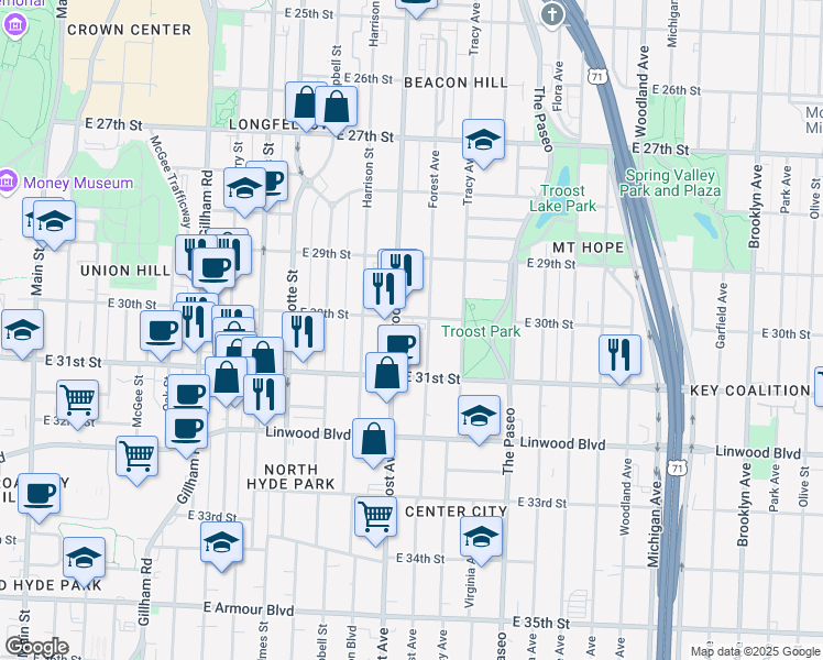 map of restaurants, bars, coffee shops, grocery stores, and more near 3001 Troost Avenue in Kansas City