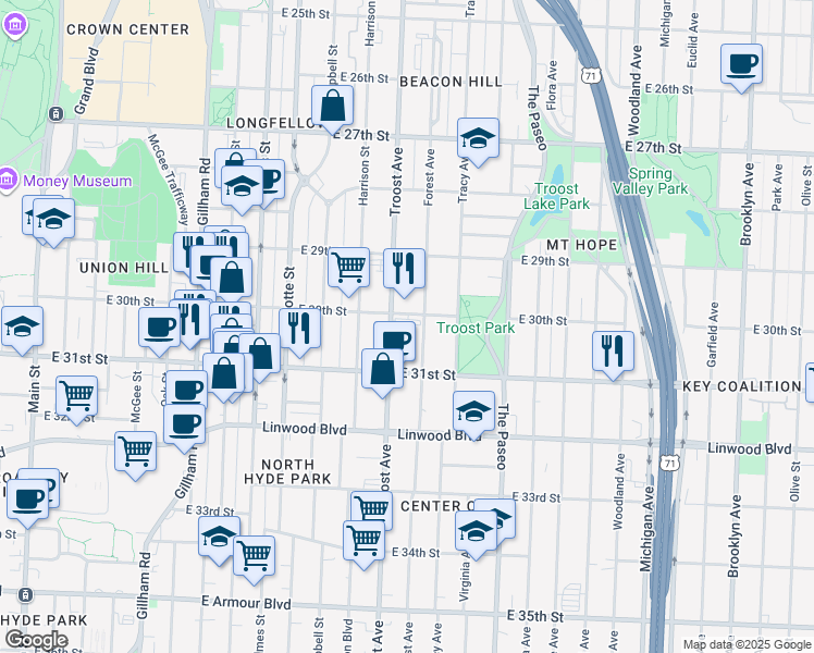 map of restaurants, bars, coffee shops, grocery stores, and more near 3008 Forest Avenue in Kansas City