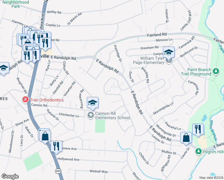 map of restaurants, bars, coffee shops, grocery stores, and more near 1015 Mondrian Terrace in Silver Spring