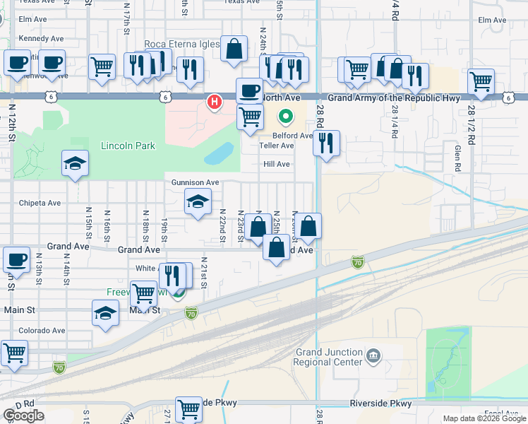 map of restaurants, bars, coffee shops, grocery stores, and more near 516 North 24th Street in Grand Junction