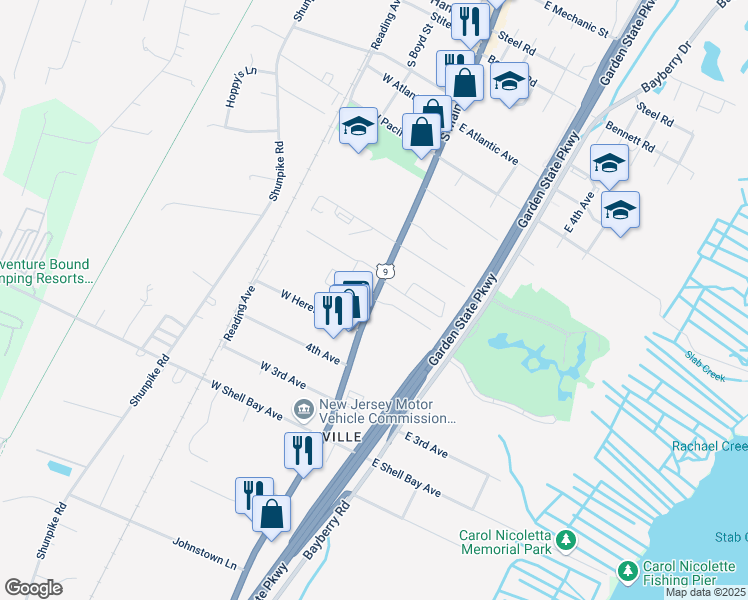 map of restaurants, bars, coffee shops, grocery stores, and more near Route 9 in Cape May County