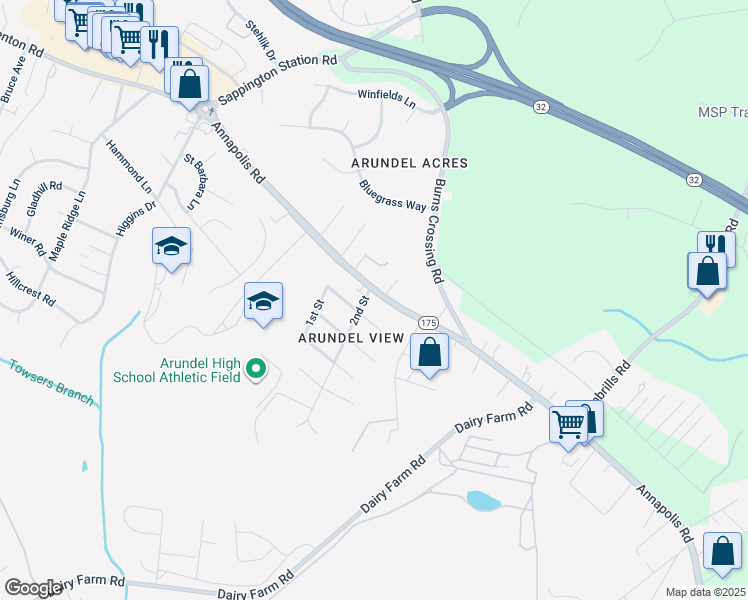 map of restaurants, bars, coffee shops, grocery stores, and more near 953 Annapolis Road in Gambrills