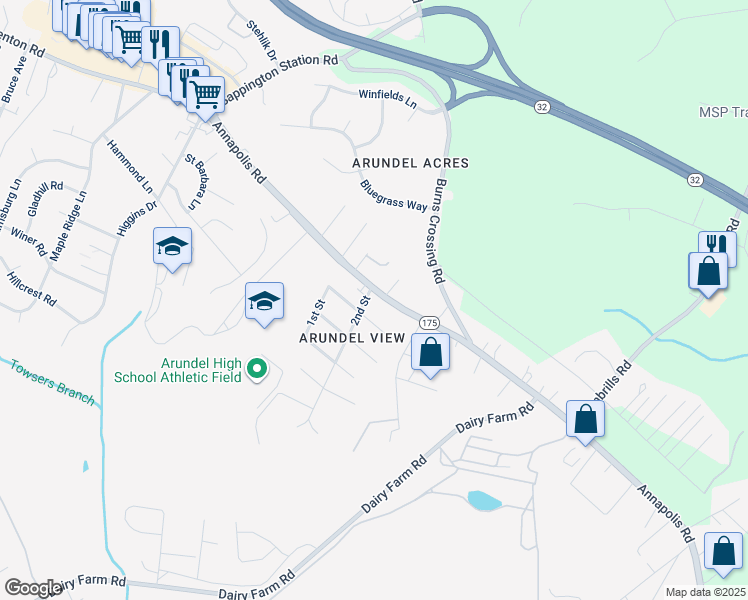 map of restaurants, bars, coffee shops, grocery stores, and more near 953 Annapolis Road in Gambrills