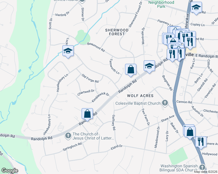 map of restaurants, bars, coffee shops, grocery stores, and more near 4 Locksley Court in Silver Spring