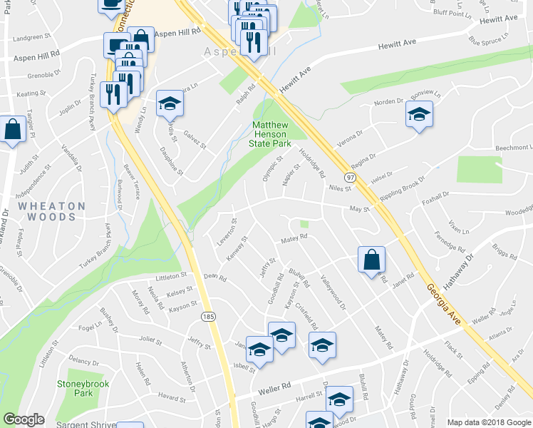 map of restaurants, bars, coffee shops, grocery stores, and more near 13115 Bluhill Road in Silver Spring