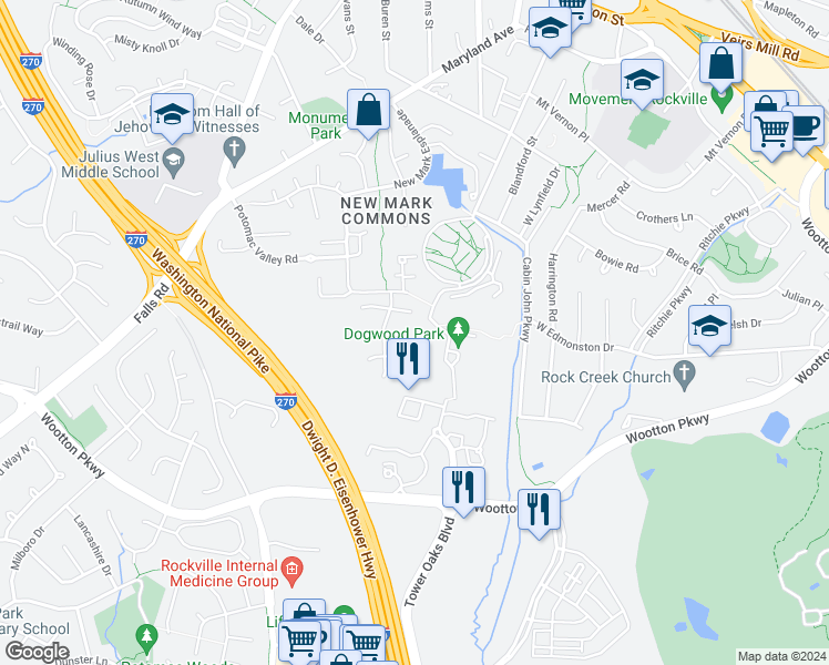 map of restaurants, bars, coffee shops, grocery stores, and more near 14 Tapiola Court in Rockville