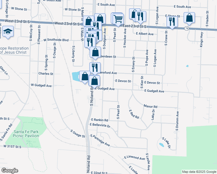 map of restaurants, bars, coffee shops, grocery stores, and more near 320 East Gudgell Avenue in Independence