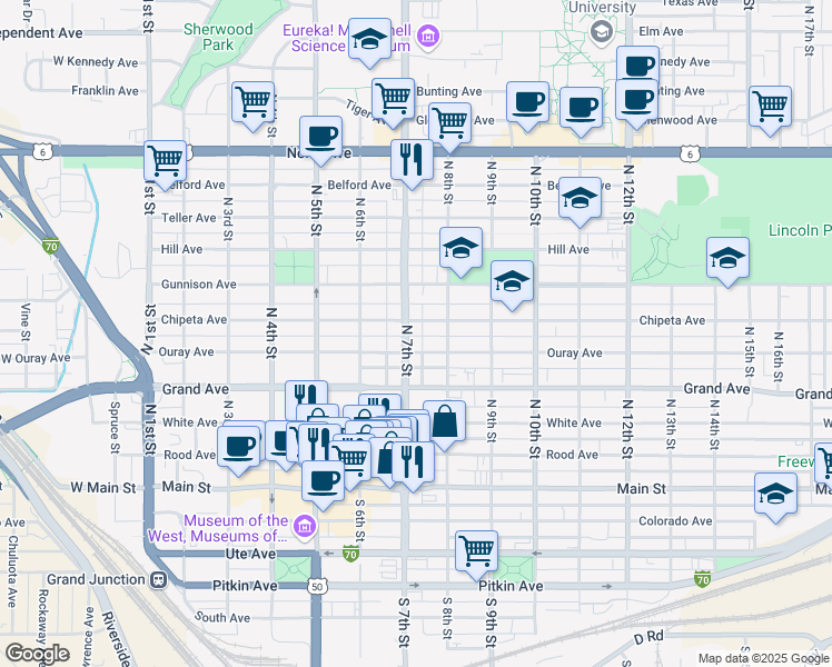 map of restaurants, bars, coffee shops, grocery stores, and more near 522 North 7th Street in Grand Junction